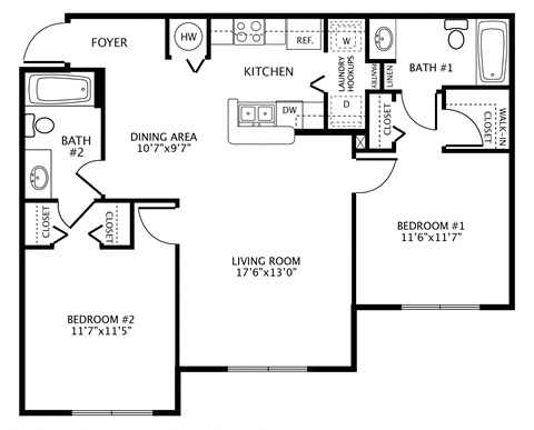 Floor plan for 2 beds, 2 baths, 974 sqft